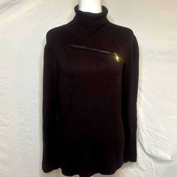 Cache Turtleneck Brown Asymmetrical Womens Sweater Long Sleeve Designer - Picture 1 of 8